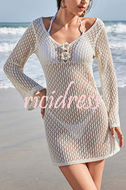 Solid Color Crochet Floral Long Sleeve Knit Hollow Cover-up Mini Dress