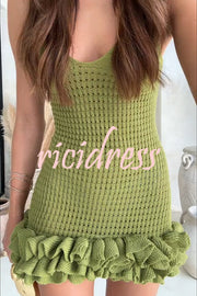 Bali Cutie Knit Layered Ruffle Pleats Hem Tank Stretch Mini Dress