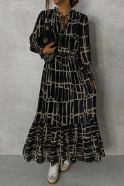 Unique Printed V-neck Tie-up Waist Long-sleeve Maxi Dress