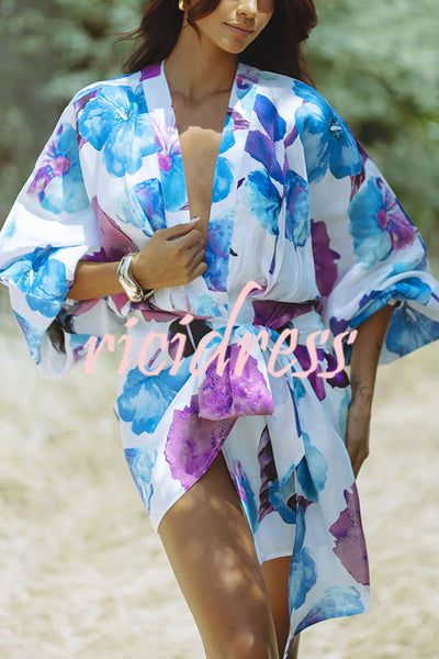 Marielle Linen Blend Floral Print Dolman Sleeve Wrap Loose Mini Dress
