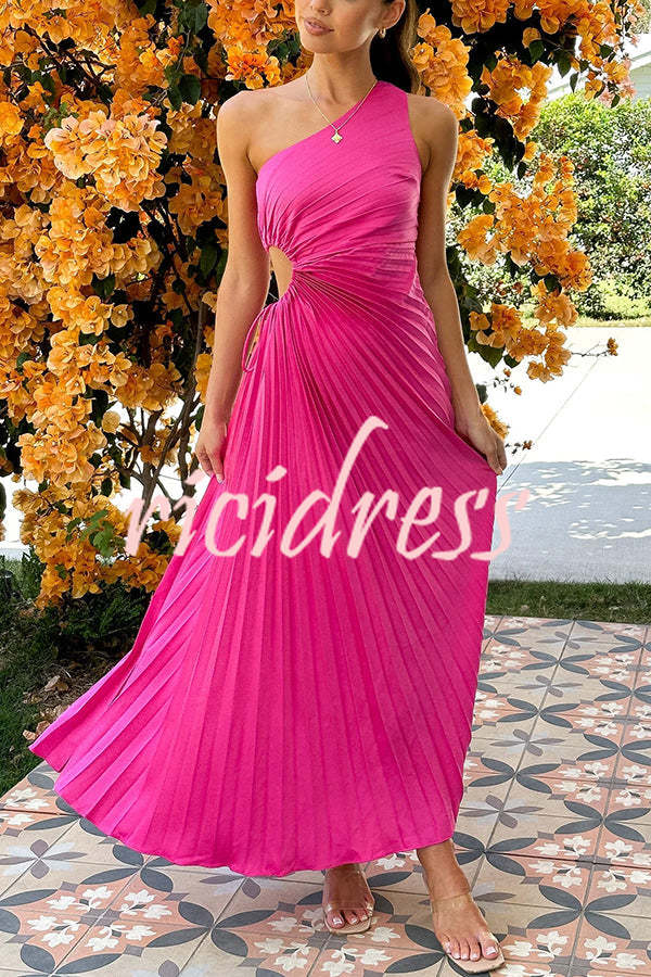 Charming One Shoulder Lace Up Cutout Pleated Maxi Dress