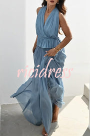 Pure Lightness Chiffon Pleated Halter Backless Top and Elastic Waist A-line Maxi Skirt Set