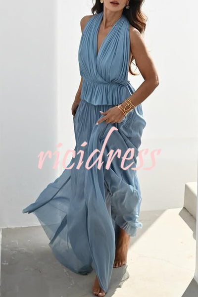 Pure Lightness Chiffon Pleated Halter Backless Top and Elastic Waist A-line Maxi Skirt Set