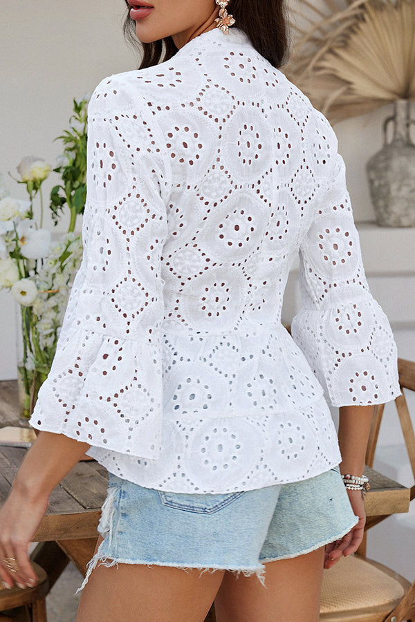 Solid Color Casual Resort Style Hollow V-neck Shirt