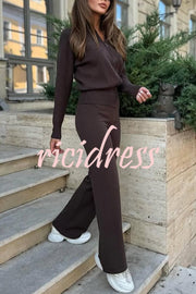 Cozycore Knit Zipper Long Sleeve Cardigan and Stretch Wide Leg Pants Set