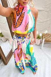 Maison Linen Blend Unique Print High Neck Top and Elastic Tie-up Waist Pocket Wide Leg Pants Set
