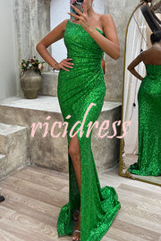 Let The Banquet Begin Sequin Off Shoulder Side Ruched Slit Maxi Dress