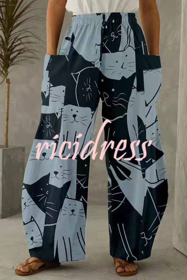 Alley Linen Blend Abstract Printed Pocketed Elastic Waist Pants