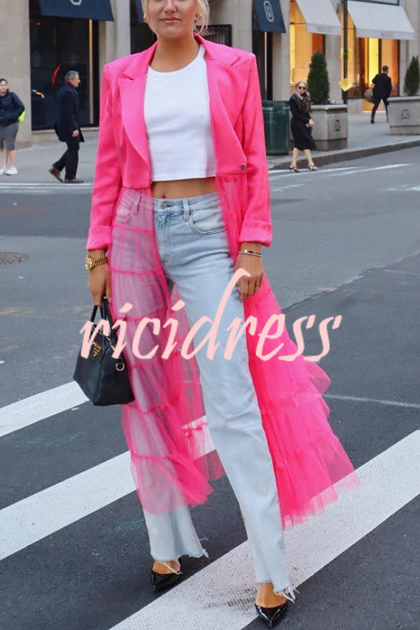 Incredibly Special Flowy Satin Layered Tulle Patchwork Midi Blazer