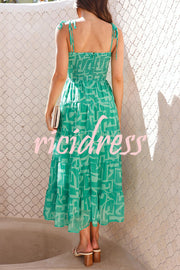 Unique Printed Suspender Tie Back Pleated Midi Dress