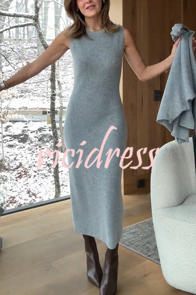 Soft and Warm Cashmere Ribbed Knit Sleeveless Midi Sweater Dress