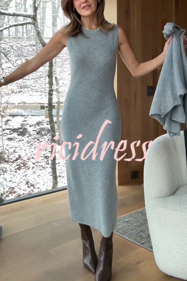 Soft and Warm Cashmere Ribbed Knit Sleeveless Midi Sweater Dress