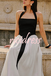 Fashion Contrast Color Stitching Sleeveless Backless Slim Maxi Dress