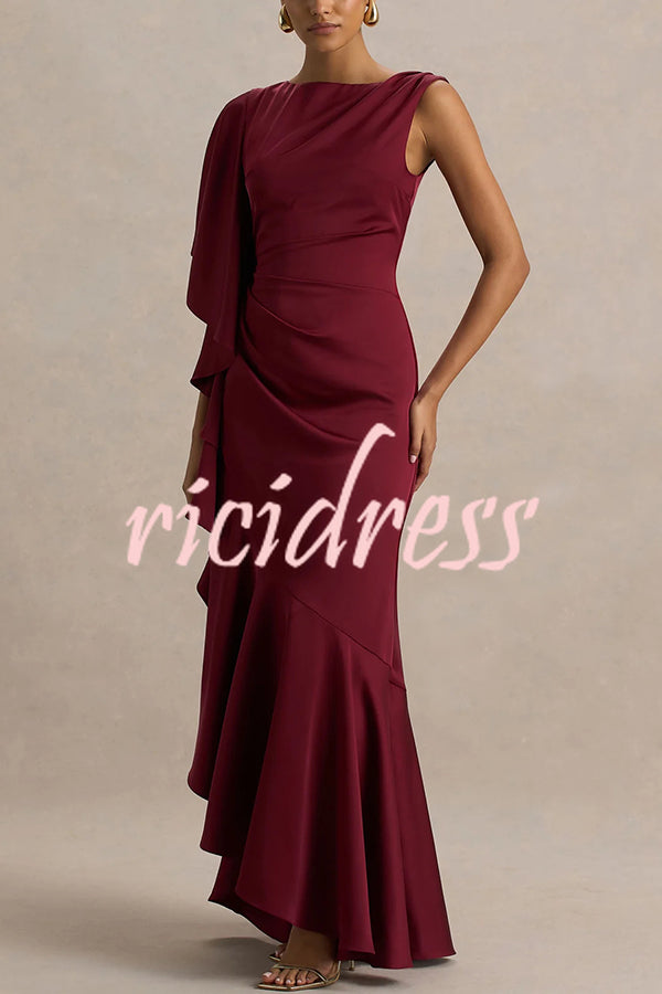 Freya Satin Boat Neck Waterfall Frill Sleeve Drape Maxi Dress