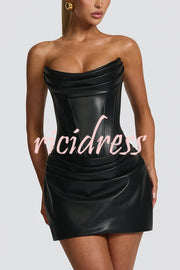 Palmer Faux Leather Pleated Off Shoulder Neck Slit Stretch Mini Dress