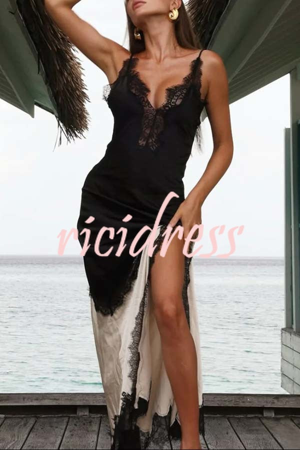 Soft and Romantic Satin Lace Trim Colorblock V-neck Side Slit Maxi Dress