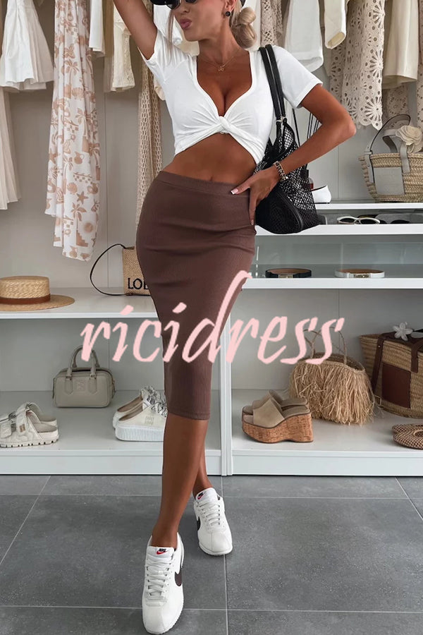 Perfect Basics Ribbed Knit Elastic Waistband Stretch Midi Skirt