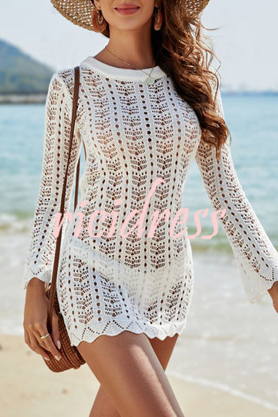 Hollow Knit Sheer Backless Long Sleeved Cover Up