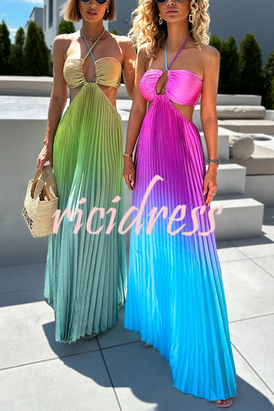 Get Ready Beautiful Gradient Print Cutout Halterneck Pleated Maxi Dress