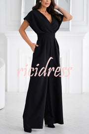 Solid Color V-neck Waist Casual Wide-leg Jumpsuit