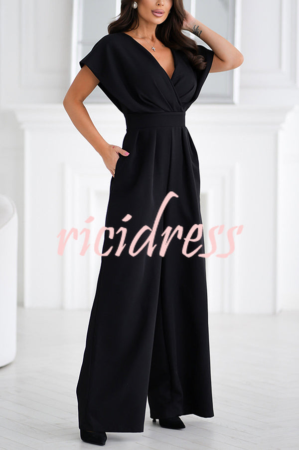 Solid Color V-neck Waist Casual Wide-leg Jumpsuit