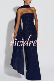 Pandra Glittery Crepe Fabric Off Shoulder Ruched Slit Cape Maxi Dress