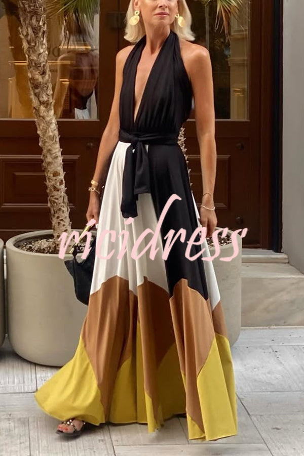 Fashion Colorblock Sexy Backless Tie Waist Full Hem Maxi Dress