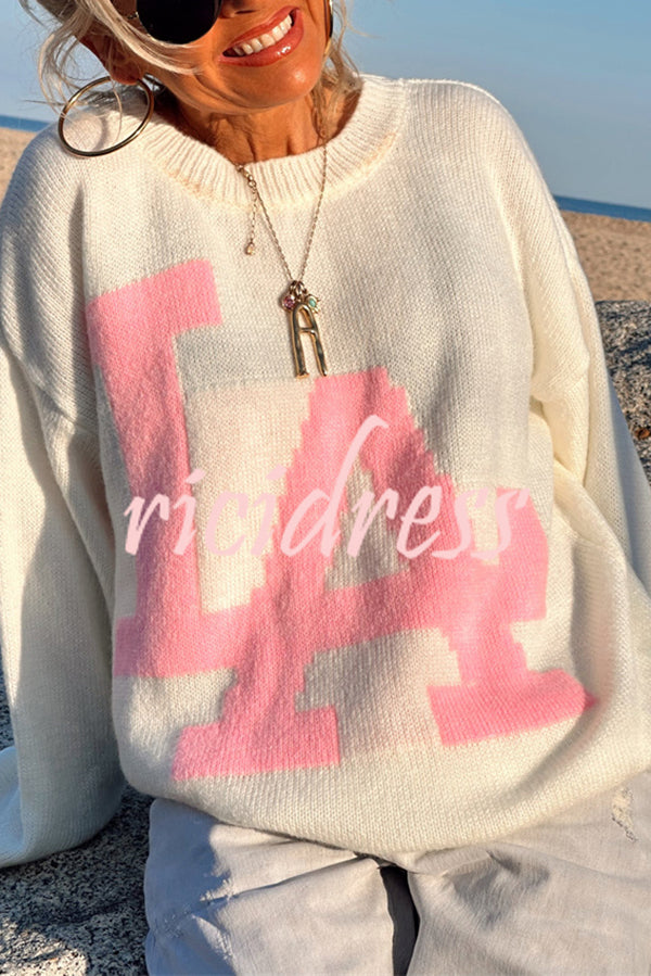 Letter Pattern Crew Neck Long Sleeve Loose Knit Sweater