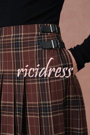 Yehudit Plaid Belt Buckle Design High Rise Pocket Midi Umbrella Skirt
