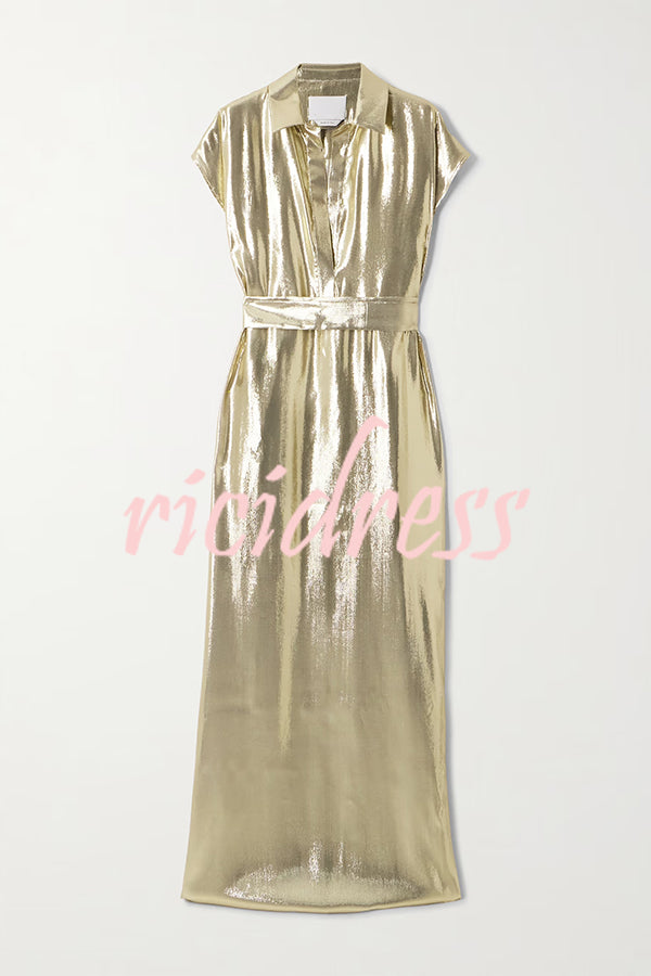 Francesca Metallic Satin-blend Button Short Sleeve Belted Shirt Maxi Dress