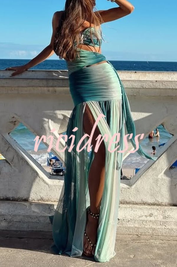 Soleil Mesh Printed Starfish Pendant Ruched Cutout Off Shoulder Maxi Dress
