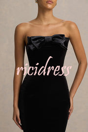 Illusion Velvet Bandeau neck Bow detail Stretch Maxi Dress