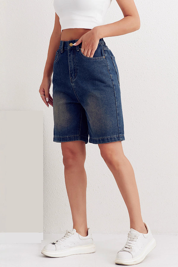 Fashionable Back Elastic Waist Pocket Casual Denim Shorts