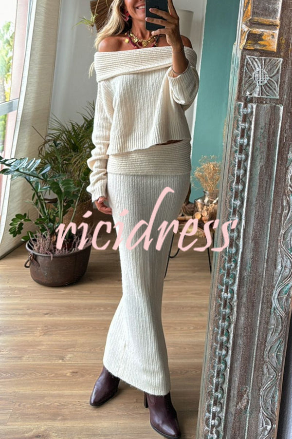 Luka Ribbed Knit Off Shoulder Long Sleeve Sweater and Stretch Maxi Skirt Set