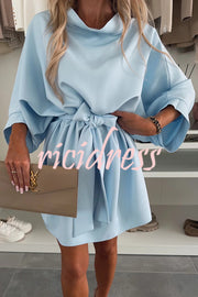 Solid Color Loose Round Neck Belted Mini Dress