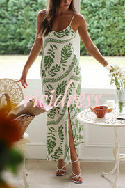 Leaf Printed Sling V-Neck Sleeveless Fitted Maxi Dress