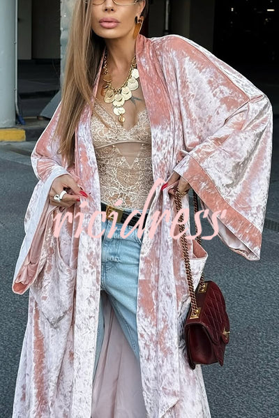 Gorgeous Glossy Velvet Long Bell Sleeve Tie-up Pocket Midi Kimono Coat