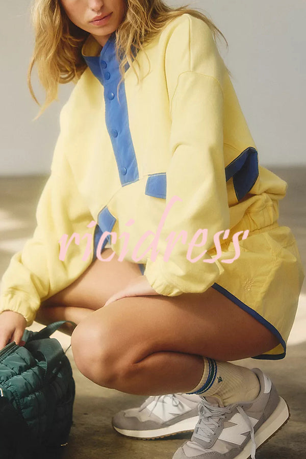 Fashion Contrast Color Stitching Stand Collar Long Sleeve Top and Elastic Waist Loose Pocket Shorts Set