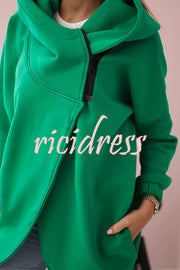 Solid Color Loose Hooded Zip-up Casual Sports Jacket