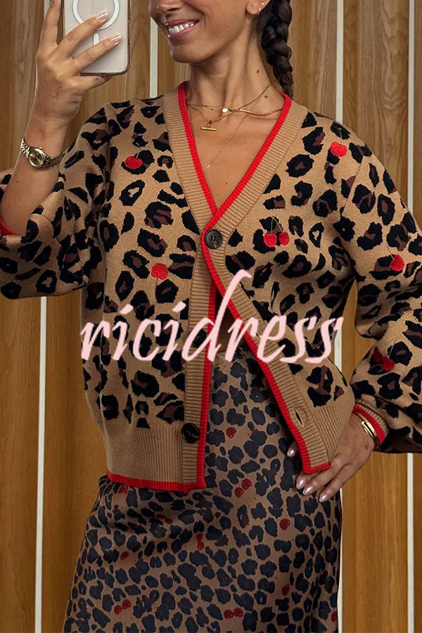 Perfect for Winter Leopard Cherry Print Knitted Button Long Sleeve Loose Cardigan