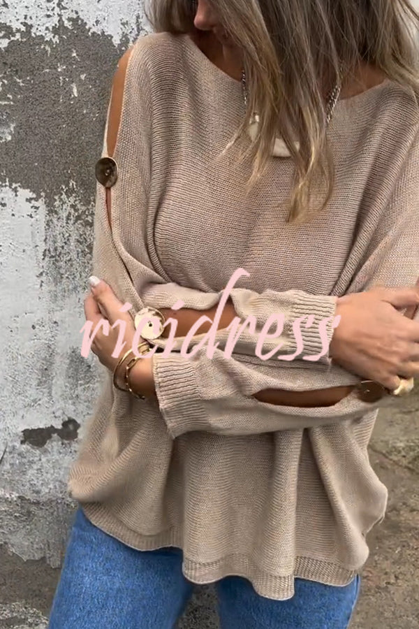 Solid Color Round Neck Hollow Long Sleeve Loose Knitted Sweater