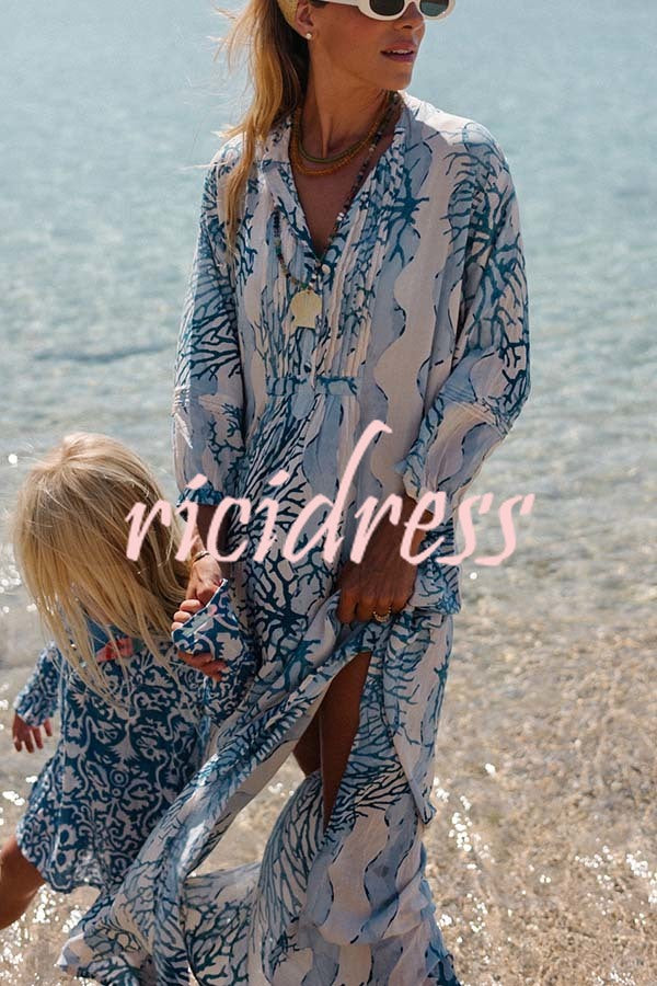Quiet Sea Unique Print Pleated Neck Long Sleeve Slit Kaftan Maxi Dress
