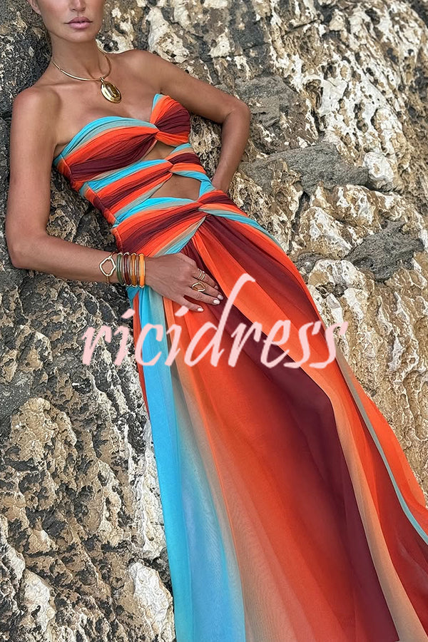 Neon Sunset Mesh Printed Twist Cutout Off Shoulder Vacation Maxi Dress