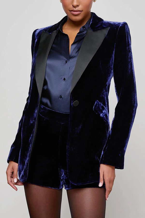 Bold Modern Velvet Contrast Satin Lapel Blazer and High Rise Pocket Shorts Set