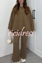 Solid Color Loose Long-sleeved Knit Top and Elastic Waist Casual Straight Leg Pants Set