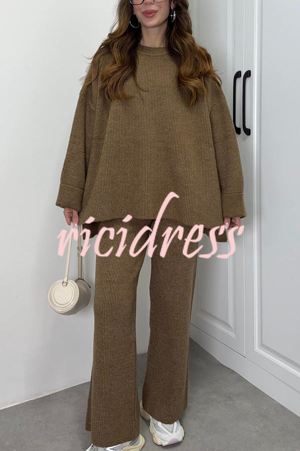 Solid Color Loose Long-sleeved Knit Top and Elastic Waist Casual Straight Leg Pants Set