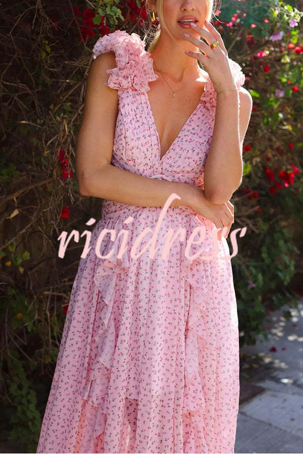 Wedding Dreams Chiffon Printed Flutter Sleeve Cutout Back Lace-up Maxi Dress