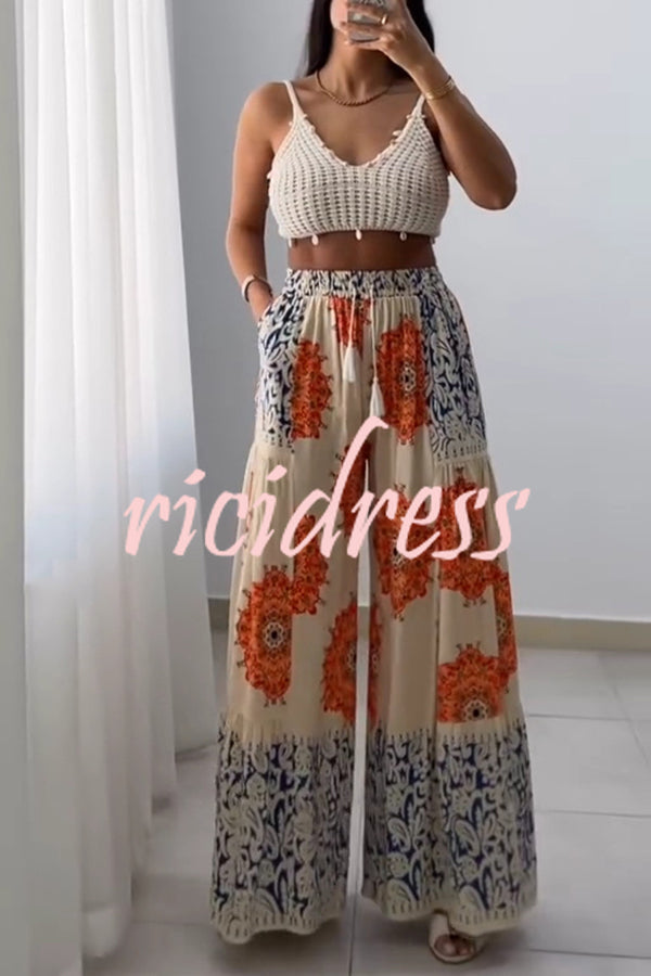 Unique Print Elastic High Waist Tie Pocket Holiday Style Wide Leg Pants