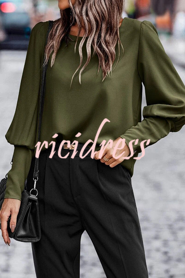 Long Sleeve Back Button Solid Color Casual Top