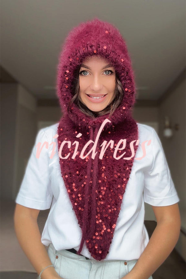 Sequined Drawstring Balaclava Warm Loop Scarf Hat and Gloves